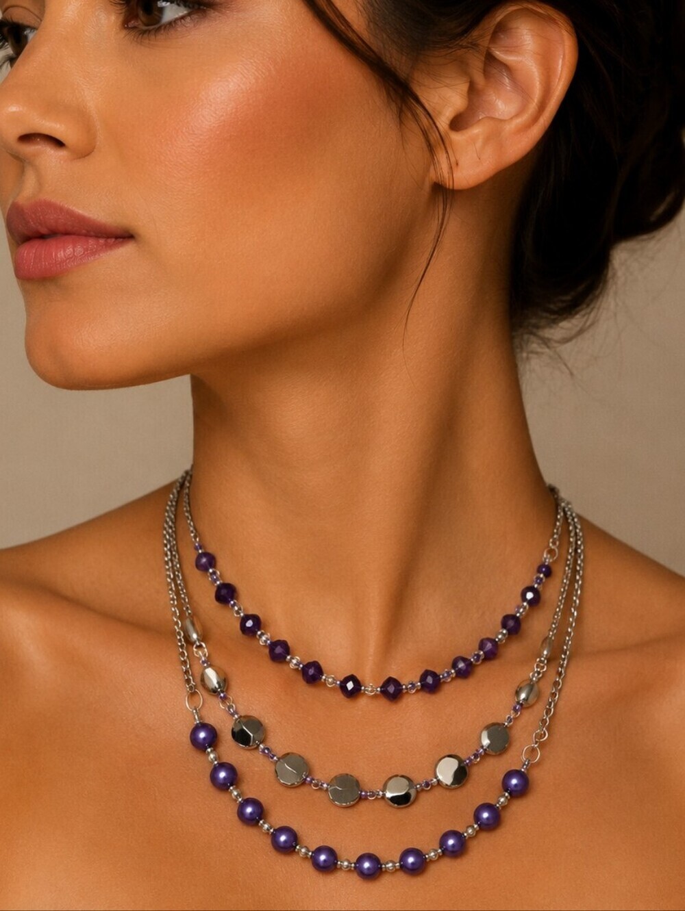 3/$30 PURPLE Beaded Layered Chain Necklace